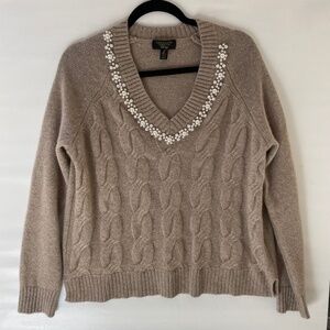 Charter Club Tan Cable Knit Sweater with Embellished Neckline